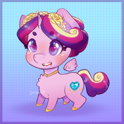 Size: 1080x1080 | Tagged: safe, artist:larizzart, derpibooru import, princess cadance, alicorn, pony, g4, alternate hairstyle, blushing, chest fluff, chibi, cute, cutedance, female, floating wings, mare, open mouth, open smile, smiling, solo, wings