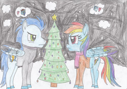 Size: 750x529 | Tagged: safe, artist:thepegasuseffect, derpibooru import, rainbow dash, soarin', pegasus, pony, g4, christmas, christmas tree, female, holiday, male, mare, shipping, soarindash, stallion, straight, traditional art, tree