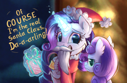 Size: 3200x2100 | Tagged: safe, artist:candy meow, derpibooru import, rarity, sweetie belle, pony, unicorn, g4, awkward smile, belle sisters, blatant lies, cheek fluff, christmas, christmas tree, clothes, coat, costume, duo, ear fluff, ears, fake beard, female, filly, foal, garland, hat, holiday, horn, looking at someone, looking at you, looking back, looking back at you, magic, mare, present, santa beard, santa claus, santa coat, santa costume, santa hat, siblings, sisters, smiling, sticky note, sweetie belle is not amused, telekinesis, text, tree, unamused