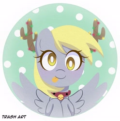 Size: 2028x2048 | Tagged: safe, artist:eltrash_art6, derpibooru import, derpy hooves, pegasus, pony, :p, bell, bell collar, christmas, christmas lights, collar, cute, derpabetes, fake antlers, female, hairband, holiday, icon, mare, snow, solo, tongue, tongue out