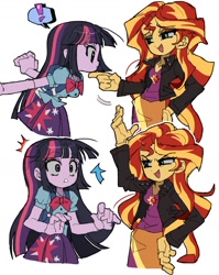 Size: 1560x1960 | Tagged: safe, artist:jwnn_, derpibooru import, sunset shimmer, twilight sparkle, equestria girls, g4, backpack, bangs, breasts, clothes, collared shirt, colored sclera, cutie mark on clothes, duo, duo female, emanata, exclamation point, eyebrows, eyebrows visible through hair, eyelashes, eyeshadow, female, finger under chin, frown, gray sclera, gritted teeth, hand on chin, hand on hip, holding, jacket, leather, leather jacket, long arms, looking at someone, makeup, my little pony equestria girls, narrowed eyes, neck bow, open mouth, orange skin, pencil skirt, pleated skirt, profile, purple skin, scene interpretation, shirt, simple background, skirt, smiling at someone, speech bubble, straight hair, surprised, t-shirt, teeth, thin, thin arms, three toned hair, two toned hair, white background