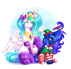 Size: 2536x2468 | Tagged: safe, artist:buvanybu, derpibooru import, princess celestia, princess luna, alicorn, pony, g4, bow, bowtie, clothes, crown, duo, duo female, eyes closed, female, folded wings, horn, jewelry, mare, partially open wings, peytral, raised hoof, raised leg, regalia, royal sisters, siblings, sisters, sitting, smiling, socks, striped socks, wings