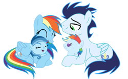 Size: 1280x786 | Tagged: safe, artist:soarindasher10, derpibooru import, rainbow dash, soarin', oc, oc:ragtag, oc:shooting star, pegasus, pony, g4, baby, baby pony, female, filly, foal, male, mare, offspring, parent:rainbow dash, parent:soarin', parents:soarindash, shipping, siblings, simple background, soarindash, stallion, straight, transparent background, twins