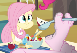 Size: 1050x720 | Tagged: safe, derpibooru import, edit, edited screencap, screencap, fluttershy, pinkie pie, equestria girls, g4, barefoot, cafeteria, dirt, dirty, dirty feet, eating, feet, fetish, food, foot fetish, foot focus, playing with food