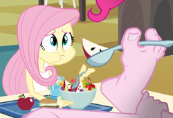 Size: 1050x720 | Tagged: safe, derpibooru import, edit, edited screencap, screencap, fluttershy, pinkie pie, equestria girls, g4, cafeteria, eating, feet, fetish, food, foot fetish, foot focus, playing with food