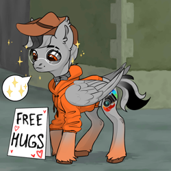 Size: 1024x1024 | Tagged: safe, derpibooru import, oc, oc only, pegasus, pony, avatar maker fantasy pony, background, brown hat, clothes, folded wings, free hugs, glasses, gray mane, gray skin, gray tail, hoodie, jewelry, looking down, necklace, orange eyes, orange hoodie, orange hooves, pegasus oc, pony maker, round glasses, sign, smiling, sparkles, speech bubble, stallion oc, tail, two toned mane, two toned tail, unshorn fetlocks, wings