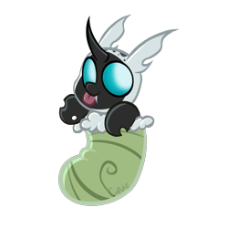 Size: 2048x2048 | Tagged: safe, artist:cupute, derpibooru import, oc, oc:royce winters, changeling, changeling larva, pony, :p, baby, baby changeling, big ears, black coat, black mane, blue eyes, changeling egg, cheap, chibi, christmas, christmas changeling, christmas stocking, commission, ears, fangs, holiday, hoof hold, horn, looking at you, png, simple background, solo, teeth, tongue, tongue out, transparent background, ych result