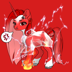 Size: 1024x1024 | Tagged: safe, derpibooru import, oc, oc only, pony, unicorn, angry, avatar maker fantasy pony, clothes, cross-popping veins, electricity, emanata, eyelashes, horn, lightning, lip bite, long mane, long tail, mare oc, pictogram, pony maker, pyromancy, raincoat, red background, red eyes, red mane, red tail, see-through, simple background, solo, sulking, tail, white chest, white hooves