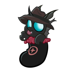 Size: 2048x2048 | Tagged: safe, artist:cupute, derpibooru import, oc, oc only, oc:hokt, changeling, pony, equestria at war mod, :p, big ears, black coat, black mane, blue eyes, brown hat, changeling egg, cheap, chibi, christmas, christmas changeling, christmas stocking, clothes, commission, ears, fangs, greneclyf, hat, holiday, hoof hold, horn, looking at you, png, simple background, solo, teeth, tongue, tongue out, transparent background, ych result