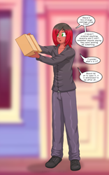 Size: 1250x2000 | Tagged: safe, artist:runningtoaster, derpibooru import, oc, oc only, human, equestria girls, g4, holding, male, male to female, package, rule 63, solo, speech bubble, transformation, transformation sequence, transgender transformation