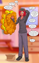 Size: 1250x2000 | Tagged: safe, artist:runningtoaster, derpibooru import, adagio dazzle, oc, oc only, human, equestria girls, g4, character to character, holding, male, male to female, package, rule 63, solo, speech bubble, transformation, transformation sequence, transgender transformation, wig