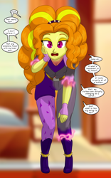 Size: 1250x2000 | Tagged: safe, artist:runningtoaster, derpibooru import, adagio dazzle, oc, human, equestria girls, g4, character to character, clothes, female, leaning, leaning forward, male, male to female, rule 63, solo, speech bubble, transformation, transformation sequence, transforming clothes, transgender transformation