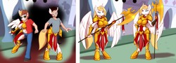 Size: 5000x1800 | Tagged: safe, artist:tomek1000, derpibooru import, oc, oc only, oc:angel steel, alicorn, anthro, human, unguligrade anthro, armor, axe, bored, duo, fantasy class, female, halberd, high res, human to anthro, knight, male, male to female, mid-transformation, multeity, paladin, reality shift, rule 63, species swap, transformation, transgender transformation, twinning, warrior, weapon