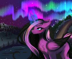 Size: 4982x4094 | Tagged: safe, artist:2pandita, derpibooru import, oc, oc only, alicorn, pony, alicorn oc, aurora borealis, horn, solo, wings