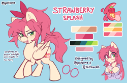 Size: 2000x1300 | Tagged: safe, artist:cuiicie, derpibooru import, oc, oc only, oc:strawberry splash, pegasus, pony, bow, butt freckles, character name, colors, cutie mark, drink, drinking, ears up, eyelashes, feathered wings, female, female oc, folded wings, freckles, glasses, hair bow, hoof hold, juice, juice box, mare, mare oc, pegasus oc, pegasus wings, pony oc, ponytail, raised hoof, raised leg, reference sheet, solo, wings