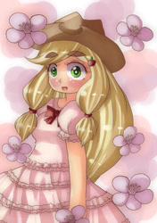 Size: 756x1075 | Tagged: safe, artist:araiiara123, derpibooru import, applejack, equestria girls, g4, applejack's hat, clothes, cowboy hat, dress, flower, hat