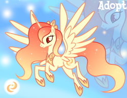 Size: 1280x981 | Tagged: safe, artist:vi45, derpibooru import, oc, oc only, alicorn, pony, adoptable, alicorn oc, colored pupils, concave belly, ethereal mane, eyelashes, female, female oc, flying, gradient background, gradient mane, gradient tail, hoof shoes, horn, jewelry, long horn, long mane, long tail, mare, mare oc, orange eyes, orange mane, orange tail, peytral, princess shoes, profile, raised hooves, red pupils, slender, smiling, solo, spread wings, starry mane, starry tail, tail, thin, tiara, unicorn horn, wavy mane, wavy tail, wings, yellow coat, zoom layer