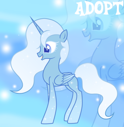 Size: 1280x1315 | Tagged: safe, artist:vi45, derpibooru import, oc, oc only, alicorn, pony, adoptable, alicorn oc, blank flank, blue coat, blue eyelashes, blue eyes, blue pupils, blue wingtips, colored eyelashes, colored pupils, colored wings, concave belly, ethereal mane, female, female oc, folded wings, gradient background, gradient eyes, gradient legs, gradient wings, gradient wingtips, horn, light blue mane, light blue tail, long horn, mare, mare oc, open mouth, open smile, profile, slender, smiling, solo, sparkles, sparkly coat, sparkly legs, sparkly mane, sparkly tail, standing, starry coat, starry legs, starry mane, starry tail, tail, thin, two toned wings, unicorn horn, wavy mane, wavy tail, wings, zoom layer