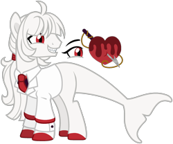 Size: 2192x1828 | Tagged: safe, artist:strawberry-spritz, derpibooru import, oc, oc only, oc:belial, dolphin, dolphin pony, original species, pony, ahoge, bangs, base used, clothes, colored hooves, commission, dolphin tail, eyelashes, hair tie, head turn, hooves, long mane, long mane male, male, male oc, mane tie, necktie, oc redesign, profile, red eyes, red hooves, sharp teeth, simple background, smiling, solo, stallion, stallion oc, straight mane, suit, tail, teeth, transparent background, white body, white coat, white mane, white tail