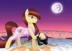 Size: 7016x4961 | Tagged: safe, artist:bluishdraft, derpibooru import, oc, oc only, oc:catra, earth pony, pony, canterlot, clothes, dress, female, gala dress, mare, mask, moon, solo