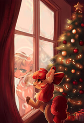 Size: 2115x3066 | Tagged: safe, artist:polnocnykot, derpibooru import, apple bloom, big macintosh, earth pony, pony, g4, against glass, apple bloom's bow, bow, brother and sister, chest fluff, christmas, christmas gift, christmas lights, christmas tree, curtains, cute, duo, duo male and female, ear fluff, ears, female, filly, foal, freckles, garland, glass, hair bow, hat, holiday, looking at each other, looking at someone, male, open mouth, open smile, reflection, santa hat, siblings, smiling, smiling at each other, stallion, standing, tree, unshorn fetlocks, window, winter