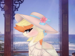 Size: 2664x1997 | Tagged: safe, artist:sodapop sprays, derpibooru import, oc, oc only, oc:sodapop sprays, pegasus, pony, blushing, bow, chest fluff, clothes, eye clipping through hair, flower, flower in hair, freckles, hair bow, hat, hawaii, looking at you, ocean, solo, summer clothes, summer hat, water