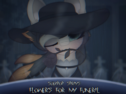 Size: 2664x1997 | Tagged: safe, artist:sodapop sprays, derpibooru import, oc, oc only, oc:sodapop sprays, pegasus, pony, clothes, eye clipping through hair, flower, funeral, gravestone, hat, looking at you, nightcore, nightcore thumbnail, one eye closed, rose, solo, thumbnail, wink, winking at you, withered rose