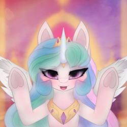 Size: 2664x2664 | Tagged: safe, artist:sodapop sprays, derpibooru import, princess celestia, alicorn, pony, g4, absolute cinema, absolute cinema meme, hooves up, looking at you, meme, ponified, ponified meme, solo, throne