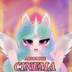 Size: 2664x2664 | Tagged: safe, artist:sodapop sprays, derpibooru import, princess celestia, alicorn, pony, g4, absolute cinema, absolute cinema meme, hooves up, looking at you, meme, ponified, ponified meme, solo, text, throne