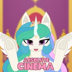 Size: 6000x6000 | Tagged: safe, artist:sodapop sprays, derpibooru import, princess celestia, alicorn, pony, g4, absolute cinema, absolute cinema meme, hooves up, looking at you, meme, ponified, ponified meme, solo, throne