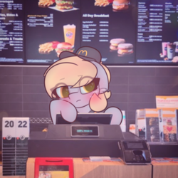 Size: 2664x2664 | Tagged: safe, artist:sodapop sprays, derpibooru import, part of a set, derpy hooves, pegasus, pony, series:derpy can't catch a break, g4, blushing, eye clipping through hair, hat, mcdonald's, solo