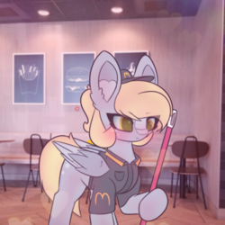 Size: 2664x2664 | Tagged: safe, artist:sodapop sprays, derpibooru import, part of a set, derpy hooves, pegasus, pony, series:derpy can't catch a break, g4, :c, >:c, blushing, broom, eye clipping through hair, frown, hat, mcdonald's, solo