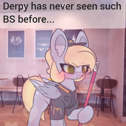 Size: 2664x2664 | Tagged: safe, artist:sodapop sprays, derpibooru import, part of a set, derpy hooves, pegasus, pony, series:derpy can't catch a break, g4, blushing, broom, clothes, eye clipping through hair, hat, mcdonald's, solo, text