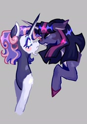 Size: 1431x2048 | Tagged: safe, artist:whimday, derpibooru import, rarity, twilight sparkle, twilight sparkle (alicorn), alicorn, pony, unicorn, g4, alternate hairstyle, beard, blushing, boop, coat markings, duo, duo female, facial hair, female, gray background, horn, lesbian, mare, noseboop, open mouth, rarilight, redesign, shipping, simple background, unshorn fetlocks