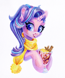 Size: 1252x1500 | Tagged: safe, artist:maytee, derpibooru import, starlight glimmer, pony, unicorn, g4, alcohol, bust, clothes, colored pupils, drink, horn, mulled wine, portrait, scarf, smiling, solo