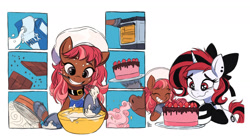 Size: 1618x900 | Tagged: safe, artist:fanzeem, derpibooru import, oc, oc only, oc:lilith, pony, unicorn, apron, baking, batter, bow, bowl, cake, cheesecake, chef's hat, chocolate, clothes, collar, eyes closed, female, flour, food, hair bow, hat, horn, ingredients, mare, milk, mouth hold, oven, oven mitts, plate, sieve, smelling, smiling, strawberry, unicorn oc, wisk