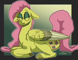 Size: 1500x1159 | Tagged: safe, artist:lawkbutt, derpibooru import, fluttershy, pegasus, pony, g4, female, gradient background, lying down, ponyloaf, prone, solo, yellow