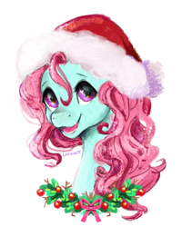 Size: 1080x1350 | Tagged: safe, artist:larizzart, derpibooru import, minty, pony, g3, bust, christmas, female, hat, holiday, holly, mare, open mouth, open smile, portrait, santa hat, simple background, smiling, solo, white background