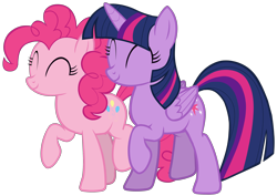 Size: 3054x2160 | Tagged: safe, artist:zslnews, derpibooru import, pinkie pie, twilight sparkle, twilight sparkle (alicorn), alicorn, earth pony, pony, g4, ^^, duo, duo female, eyes closed, female, mare, raised hoof, raised leg, simple background, smiling, transparent background, vector