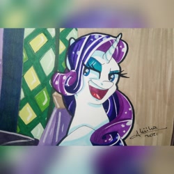 Size: 2173x2173 | Tagged: safe, artist:fleiiha, derpibooru import, rarity, pony, unicorn, g4, element of generosity, horn, marker drawing, raritober, sassy, screencap reference, solo, traditional art