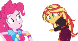 Size: 4483x2409 | Tagged: safe, derpibooru import, edit, edited screencap, editor:mrtoonlover83, screencap, pinkie pie, sunset shimmer, human, equestria girls, g4, background removed, duo, duo female, female, not a vector