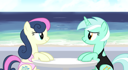 Size: 2237x1227 | Tagged: safe, artist:stephen-fisher, derpibooru import, bon bon, lyra heartstrings, sweetie drops, earth pony, unicorn, g4, beach, clothes, female, horn, lesbian, looking at each other, looking at someone, lyrabon, ocean, shipping, swimsuit, water