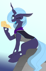 Size: 1600x2432 | Tagged: safe, artist:puginpocket, derpibooru exclusive, derpibooru import, oc, oc only, oc:nihea tamin, changeling, blue eyes, blue mane, changeling oc, cheese, fangs, folded wings, food, holding, looking at you, mountain, object, purple changeling, simple background, simple shading, sitting, smiling, smiling at you, solo, stone, wings