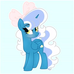 Size: 6890x6890 | Tagged: safe, artist:riofluttershy, derpibooru import, oc, oc only, oc:fleurbelle, alicorn, pony, alicorn oc, blushing, bow, female, golden eyes, hair bow, horn, looking at you, mare, pink bow, smiling, smiling at you, solo, tail, two toned hair, two toned mane, two toned tail, wings