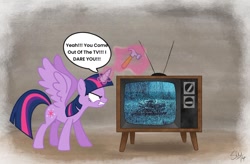 Size: 1024x673 | Tagged: safe, artist:sophiamarieb, derpibooru import, twilight sparkle, twilight sparkle (alicorn), alicorn, g4, dialogue, hammer, television, the ring