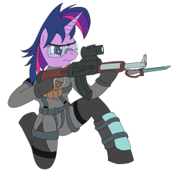 Size: 1921x1918 | Tagged: safe, artist:timejumper, derpibooru import, twilight sparkle, unicorn twilight, anthro, unicorn, g4, alternate hairstyle, belt, bodysuit, clothes, glasses, gloves, gun, horn, punklight sparkle, rifle, tactical, weapon