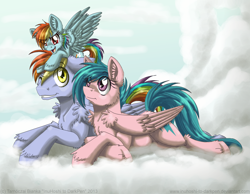 Size: 1800x1400 | Tagged: safe, artist:inuhoshi-to-darkpen, derpibooru import, firefly, rainbow blaze, rainbow dash, pegasus, pony, g1, g4, cloud, crossed hooves, family, female, filly, filly rainbow dash, firefly as rainbow dash's mom, foal, g1 to g4, generation leap, lying down, lying on a cloud, male, mare, on a cloud, parent, ship:fireblaze, shipping, stallion, straight, trio, unshorn fetlocks, younger