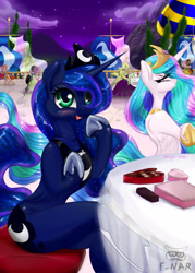 Size: 2075x2890 | Tagged: safe, artist:f-nar, derpibooru import, princess celestia, princess luna, alicorn, pony, semi-anthro, g4, anatomically incorrect, banner, bipedal, blue mane, blue tail, blushing, canterlot, chocolate, chocoluna, concave belly, crown, cute, duo, ethereal mane, ethereal tail, female, flowing mane, flowing tail, folded wings, food, hearts and hooves day, holiday, hoof shoes, incorrect leg anatomy, jealous, jewelry, luna loves chocolate, lunabetes, mare, night, open mouth, open smile, peytral, princess shoes, regalia, sitting, slender, smiling, tail, that pony sure does love chocolate, thin, valentine, valentine's day, wings