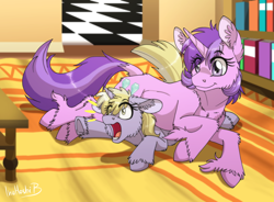 Size: 1700x1250 | Tagged: safe, artist:inuhoshi-to-darkpen, derpibooru import, amethyst star, dinky hooves, sparkler, pony, unicorn, fanfic:the new life of a winning pony, g4, bookshelf, carpet, cute, dinkabetes, dock, duo, duo female, eye clipping through hair, fanfic art, female, filly, fluffy, foal, horn, house, lying down, mare, open mouth, prone, sibling rivalry, sibling teasing, siblings, signature, sisters, smiling, sports, tail, underhoof, unshorn fetlocks, winningverse, wrestling