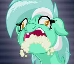 Size: 2626x2283 | Tagged: safe, artist:witchtaunter, derpibooru import, lyra heartstrings, alicorn, pony, g4, abstract background, bust, colored pupils, derp, ears, female, floppy ears, foaming at the mouth, icon, l.u.l.s., mare, nose wrinkle, open mouth, portrait, rabies, solo